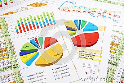 Sales Report in Digits, Graphs and Charts Stock Photo