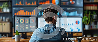 Sales Strategist Analyzing Conversion Funnels on Multiple Dashboards Funnel graphics and CRM tools blur Stock Photo
