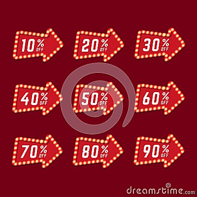Sales tag markers retro billboard with shining lamps and arrow. Vector Illustration