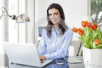 Sales woman with laptop Stock Photo