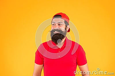 Salesman career. Hiring shop store worker. Hospitality staff. How can I help you. Supermarket staff wanted. Man bearded Stock Photo