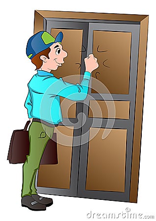 Salesman Knocking on a Door, illustration Vector Illustration