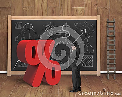 Salesman looking at red percentage sign with business doodles bl Stock Photo