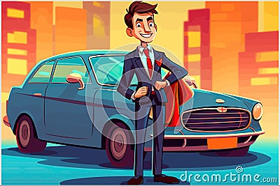 car dealer salesman buying new vehicle deal cartoon illustration Vector Illustration