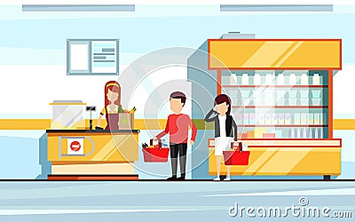 Saleswoman in supermarket interior. People standing in store checkout line. Vector flat illustration of mall Vector Illustration