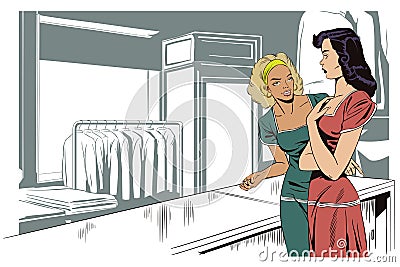 Saleswoman talking in a store. People in retro style. Vector Illustration