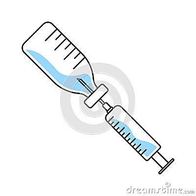 Saline filling medical syringe icon. A cartoon depiction of the drug filling process in a diagonal position. Isolated Vector Illustration