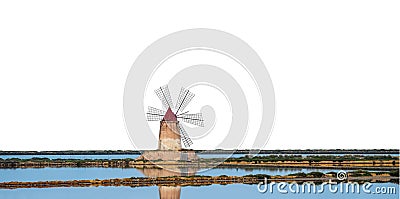 Saline of the Laguna Marsala with windmill Sicily, Italy isolated on white background Stock Photo