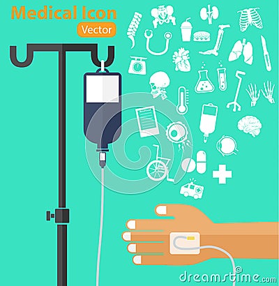 Saline solution bag with pole, patient s hand, IV tube, medical icon Vector Illustration