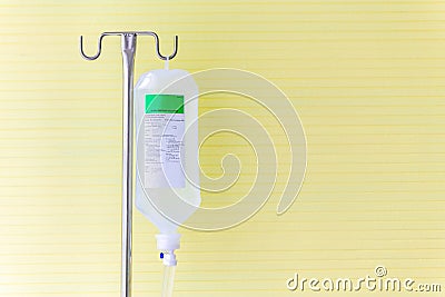 Saline solution fluid iv bag in emergency room at hospital. Stock Photo