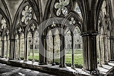 Salisbury Cathedral, magnificent geometric pattern of medieval art. Tracery on gothic style architecture in cloister courtyard. Stock Photo