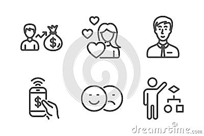 Sallary, Like and Love icons set. Phone payment, Businessman person and Algorithm signs. Vector Vector Illustration