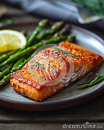 Salmon and Asparagus on Wooden Table Stock Photo