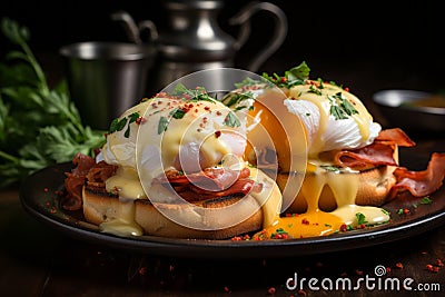 Salmon and avocado toast with poached egg on a wooden board. Breakfast concept Stock Photo