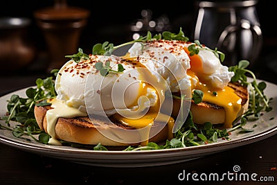 Salmon and avocado toast with poached egg on a wooden board. Breakfast concept Stock Photo