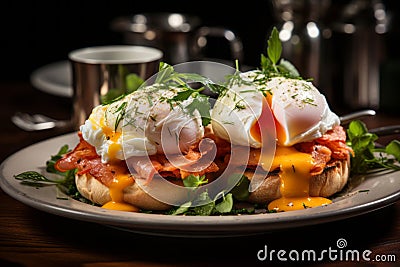 Salmon and avocado toast with poached egg on a wooden board. Breakfast concept Stock Photo