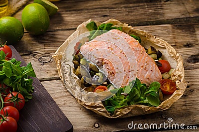 Salmon baked in papillote Stock Photo