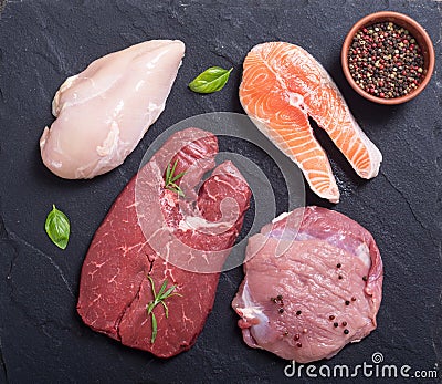 Salmon , beef , pork and chicken Stock Photo