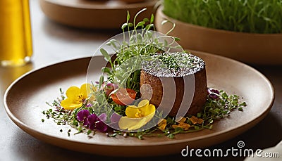 Salmon cake with buttercups and microgreens Stock Photo