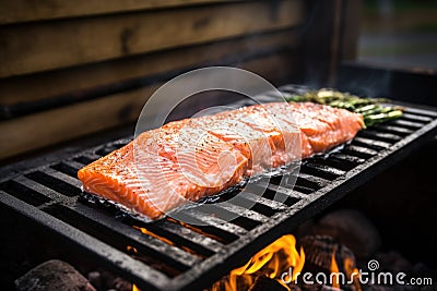 salmon on a cedar plank on a barbecue cast iron grid Stock Photo