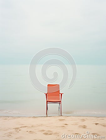 Salmon-colored empty chair on sandy beach at the seaside. Minimalist retro style image, pastel tones. Generative AI Stock Photo