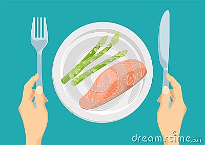 Salmon fillet and asparagus in plate top view. Vector Illustration
