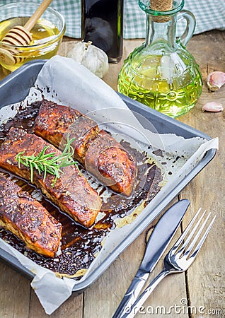 Salmon fillet with balsamic-honey sauce, baked Stock Photo