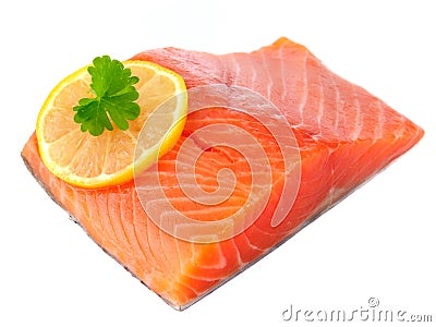 Salmon Fillet with Lemon Isolated on White Stock Photo