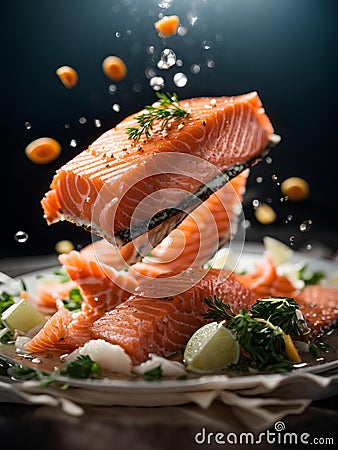 Salmon fillet steak, floating delicious healthy meal. Cinematic advertising photography Stock Photo