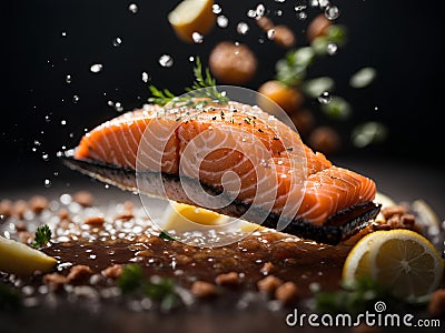 Salmon fillet steak, floating delicious healthy meal. Cinematic advertising photography Stock Photo