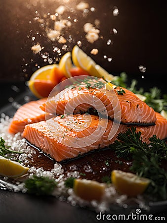 Salmon fillet steak, floating delicious healthy meal. Cinematic advertising photography Stock Photo