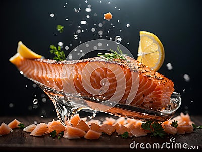 Salmon fillet steak, floating delicious healthy meal. Cinematic advertising photography Stock Photo