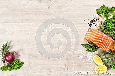 Salmon fish fillet herbs spices Seafood Healthy nutrition Stock Photo