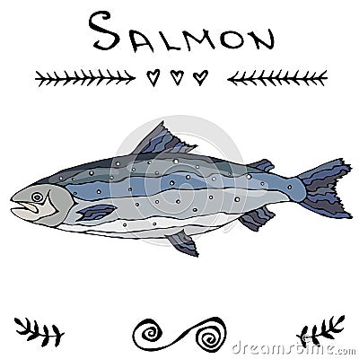 Salmon Fish for Fishing Club or Seafood Sushi Menu. Vector Illustration Isolated On a White Background Doodle Cartoon Vector Illustration