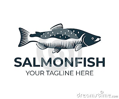 Salmon, fish and fishing, logo template. Underwater world, river and marine life, nature, vector design Vector Illustration