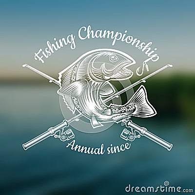 Salmon fish with fishing rod in engrving style. Logo for fishing, championship and sport club on blurred landscape photo Vector Illustration