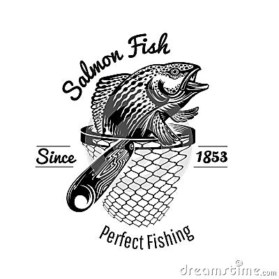 Salmon fish head up from landing net in engraving style. Logo for fishing or fishing shop isolated Vector Illustration