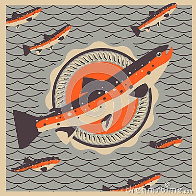 Salmon fish mascot in retro style background Vector Illustration