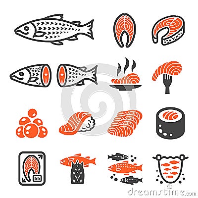 Salmon fish and product icon set Vector Illustration