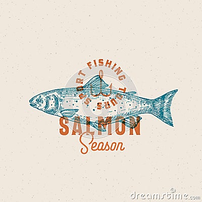 Salmon Fishing Season. Abstract Vector Sign, Symbol or Logo Template. Hand Drawn Salmon Fish with Classy Retro Vector Illustration