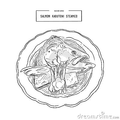 Salmon Kabutoni Steamed. hand draw vector. Vector Illustration
