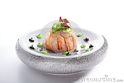 Salmon olivier salad with sauces Stock Photo