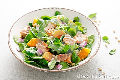 Salmon orange salad with pine nuts, red onion and corn salad. Breakfast. Ketogenic diet Stock Photo