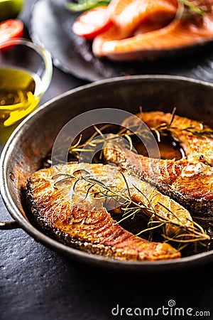 Salmon roasted steaks rosemary sal pepper olive oil - Close-up Stock Photo