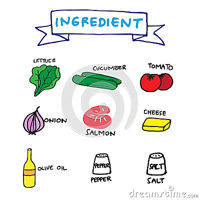 Set of salmon salad ingredients, lettuce, cucumber, tomato, onion, salmon, cheese, olive oil, pepper and salt. hand drawn vector. Vector Illustration