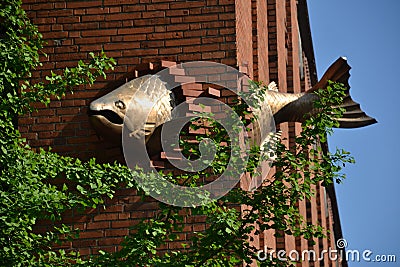 Salmon Sculpture decorates building wall in Portland, Oregon Editorial Stock Photo