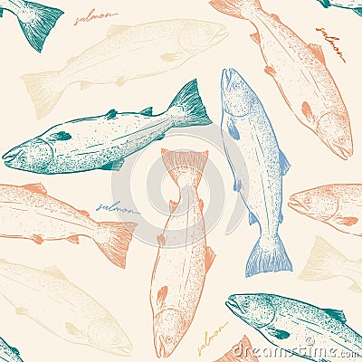 Salmon,seamless pattern sketch vector. Vector Illustration