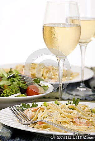 Salmon and Shrimp Fettuccine Stock Photo