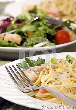 Salmon and Shrimp Fettuccine Stock Photo