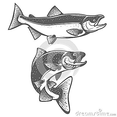 Salmon silhouettes. Fresh seafood. Salmon fishing. Vector Illustration